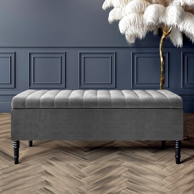 120cm Paris Striped Ottoman Storage Bench -Upholstered Shoes Bench with Black Turned Wooden Legs - Dark Grey Naple Ottoman Bench