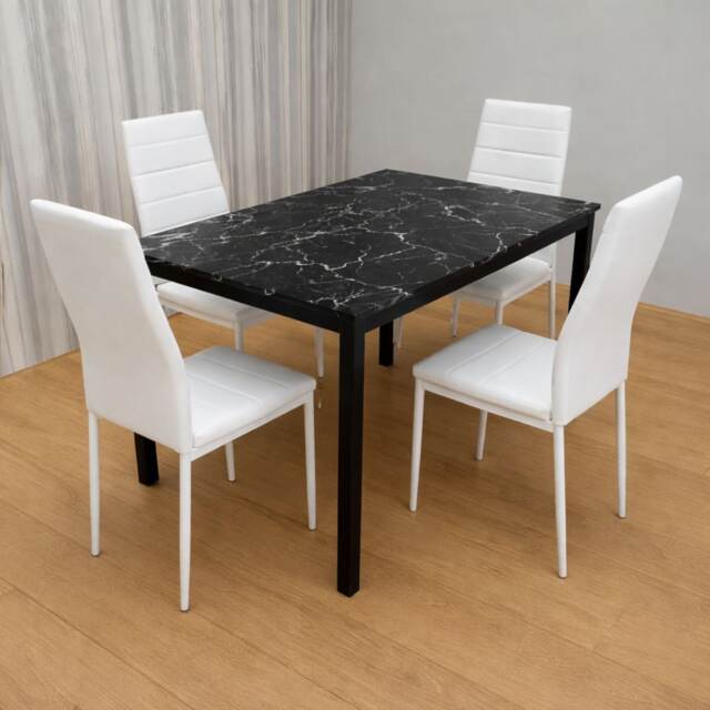 Black Marble Effect Dining Table with 4 White Faux Leather Chairs