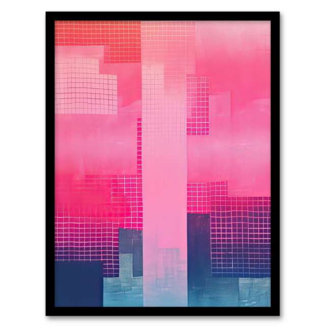 Abstract Geometric Cityscape Acrylic Pink Black Framed Wall Art Print A4