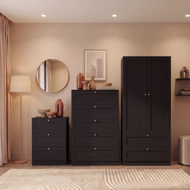 Vida Designs Altino 3 Piece Bedroom Set (3 Drawer Bedside, 5 Drawer Chest, 2 Door 2 Drawer Wardrobe), Black