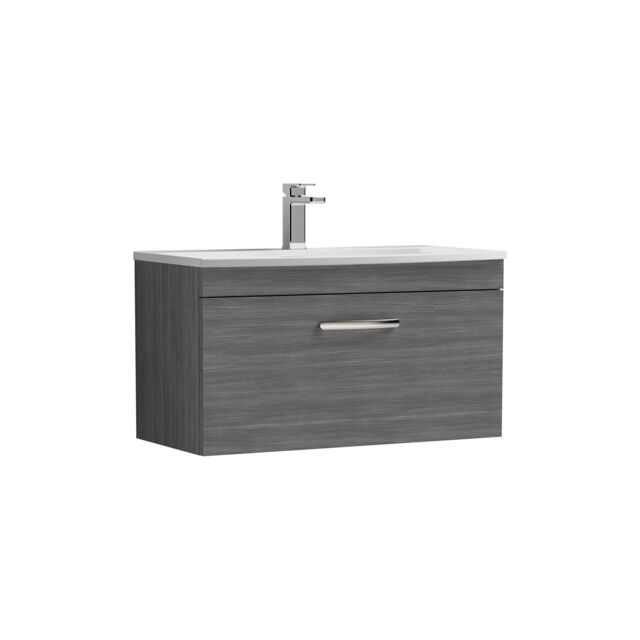 Balterley Millwich Contemporary 1 Drawer Wall Hung Vanity Unit with Curved Basin, Anthracite Woodgrain, 800mm