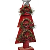 Christmas Home Decoration Battery Operated Red Tree Tabletop Decorated with Berries, Pines and Small Warm White Bulbs