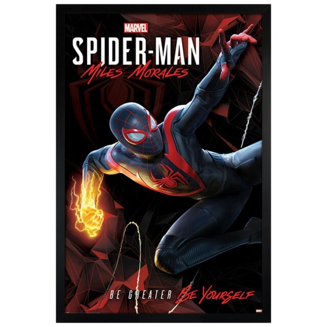 Black Wooden Framed Spider Man Miles Morales Cybernetic Swing Maxi Poster Multi