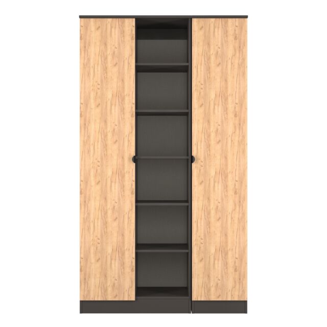 Norway Tall Triple 2 Door Open Shelf Wardrobe in Gold Craft Oak & Graphite (Ready Assembled) Grey Gold Craft Oak & Graphite