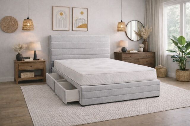Divan Bed Set Headboard and Footboard with Mattress 2ft6 Small Single Silver Suede Storage No Drawers