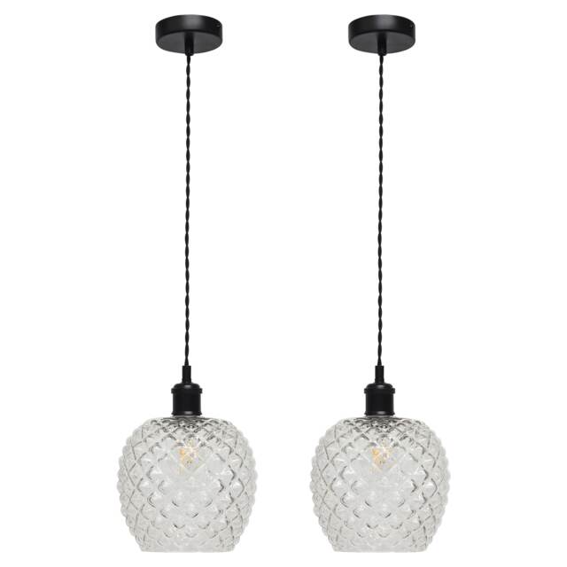Set of 2 Baine - Clear Textured Glass Black Retro Pendant Fittings