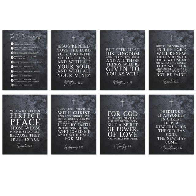 Pack of 8 Ten Commandments Bible Scriptures Matthew Galatians Isaiah Wall Art Print A4