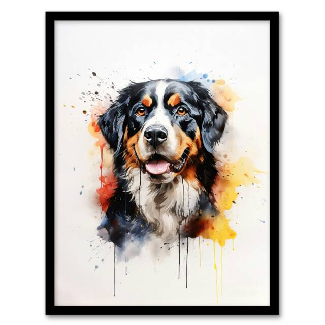 Bernese Mountain Dog Lovers Gift Watercolour Pet Black Framed Wall Art Print A4