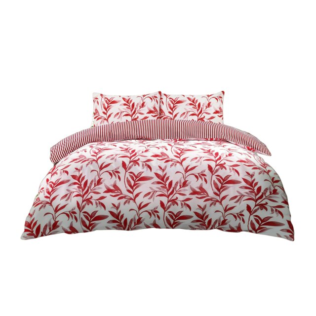 Duvet Cover And Pillowcase Set Reversible Leaf And Stripe Design Polycotton Bed Linen Red Red Single