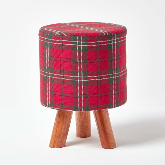 Homescapes Red Tartan Fabric Footstool with Wooden Legs Red 32 x 32 x 42 cm