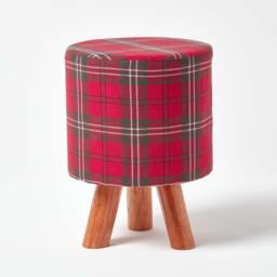Homescapes Red Tartan Fabric Footstool with Wooden Legs Red 32 x 32 x 42 cm