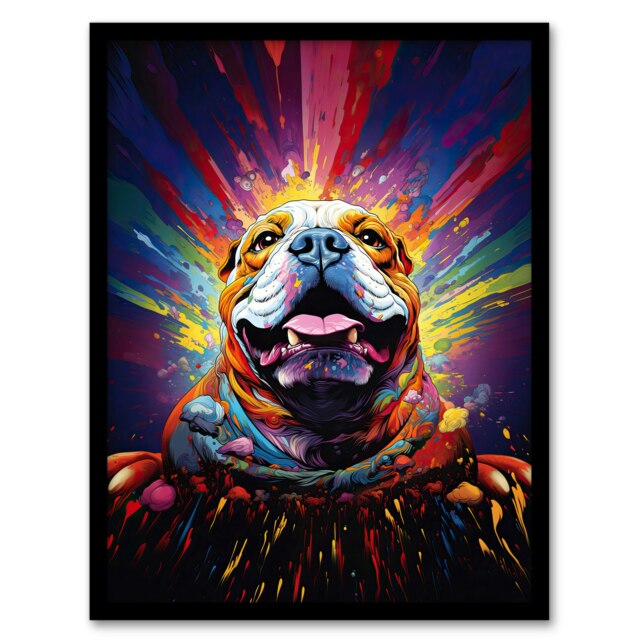 Dog Bulldog Pet Portrait Colourful Home Decor Black Framed Wall Art Print A4