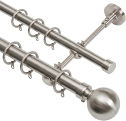 Lister Cartwright Double Curtain Fixed Pole Set with Polished Steel Ball Finials - 19mm and 28mm Metal Poles(120 cm)