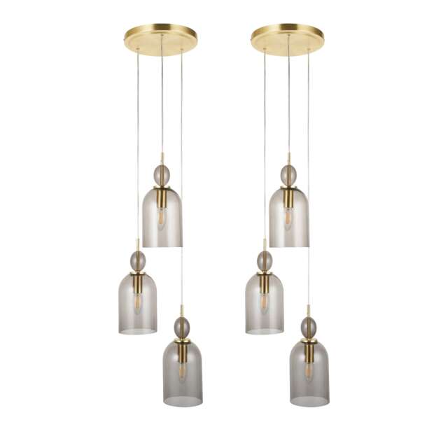 Set of 2 Pebble - Smoked Glass with Brass 3 Light Cluster Pendants