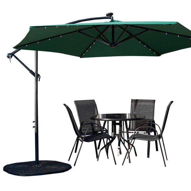 Outdoor 4 Person Round Glass Top Garden Dining Table Chairs With Green Banana Lit Parasol and Base