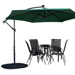Outdoor 4 Person Round Glass Top Garden Dining Table Chairs With Green Banana Lit Parasol and Base