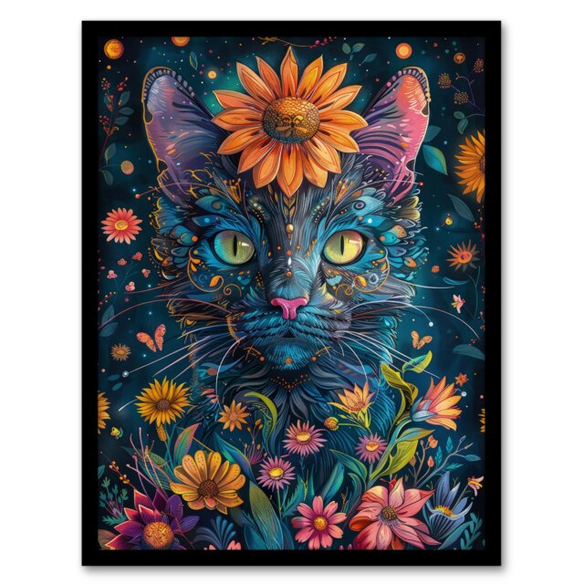 Mystic Cat Flowers Hippy Night Abstract Black Framed Wall Art Print A4