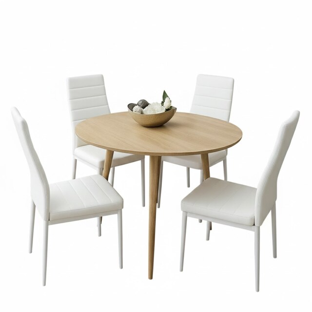 Round Dining Table Set With 4 White Faux Leather Chairs Dining Room Furniture