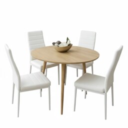 Round Dining Table Set With 4 White Faux Leather Chairs Dining Room Furniture