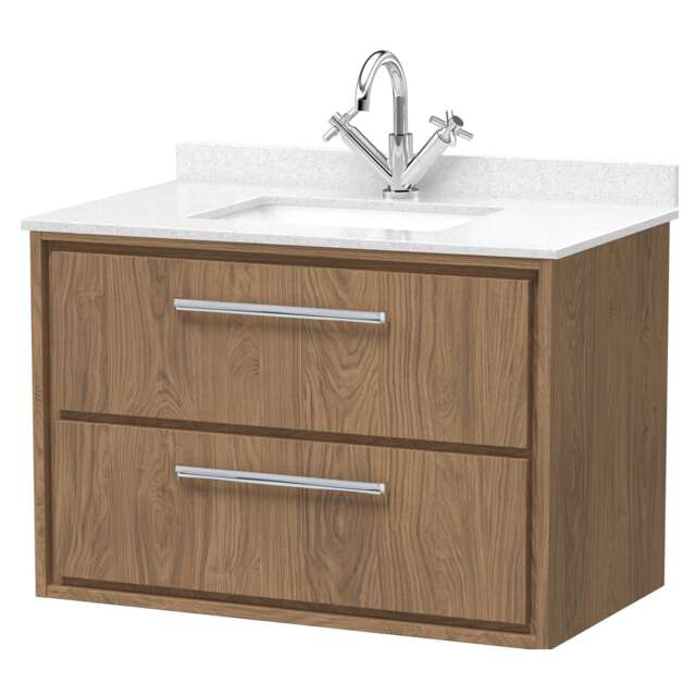 Balterley Longnor 2 Drawer Wall Hung Vanity Unit with Square Basin and Marble Worktop, Antique Oak, 800mm