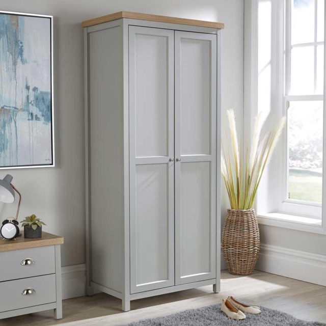 Wardrobe 2 or 3 Door Two Tone Oak Top Wooden Hanging Rail Storage Shelves Grey