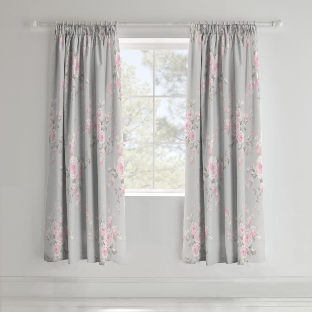 Catherine Lansfield Canterbury Floral Lined Pencil Pleat Curtains Grey