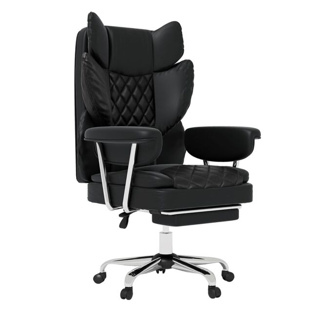 Levede Office Desk Chair Big and Tall for Heavy People with Footrest PU Black Black One Size