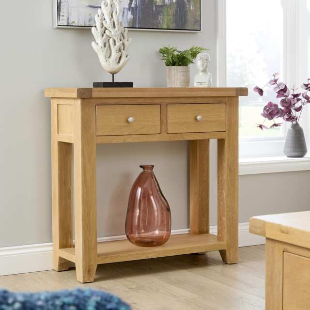 Melbourne 2 Storage Drawers Hallway Console Table Solid Wooden Oak Top Brown Oak