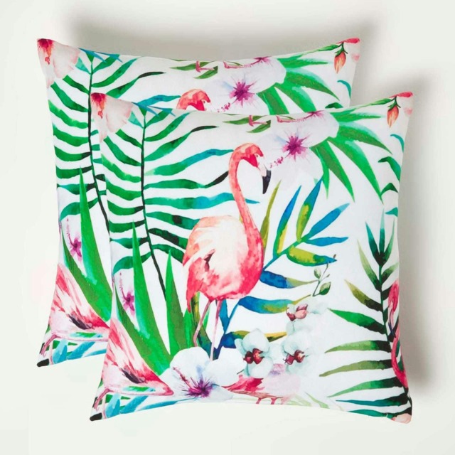 Homescapes Pink Flamingo Outdoor Cushion 45 x 45 cm - Set of 2 Pink Pink & Green 2