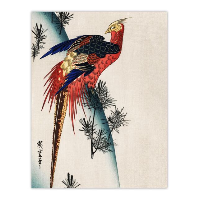 "Pheasant and Small Pine Vintage Japan Wall Art Print Hiroshige 24x32"""