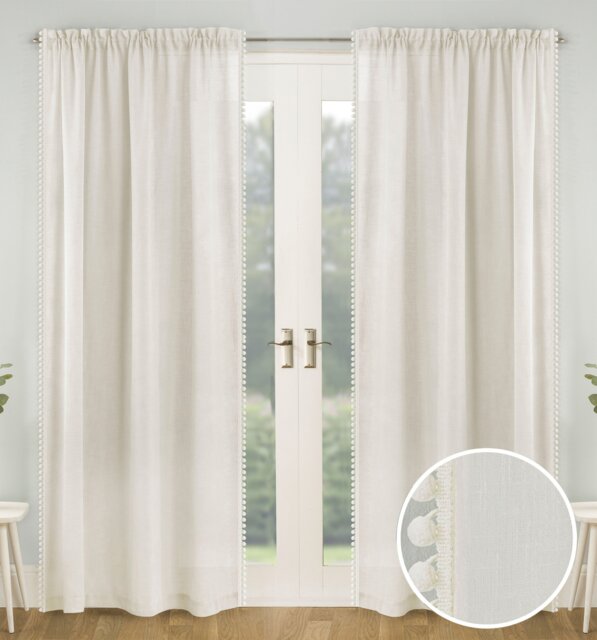 Pair of Tahiti Cream Pom-Pom Trim Linen Look Voile Panels with Rod Pocket Header 229 CMS