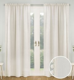 Pair of Tahiti Cream Pom-Pom Trim Linen Look Voile Panels with Rod Pocket Header 229 CMS
