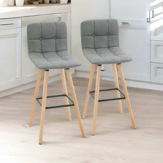 Set Of 2 Wooden Bar Stools With Backs & Footrest For Kitchen Bar Grey