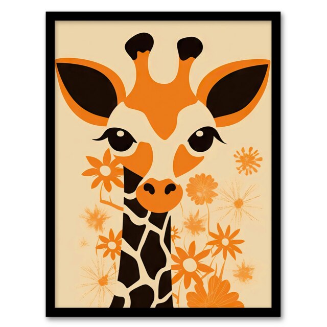 Baby Giraffe Flowers Orange Graphic Zoo Animal Kids Bedroom Black Framed Wall Art Print A4