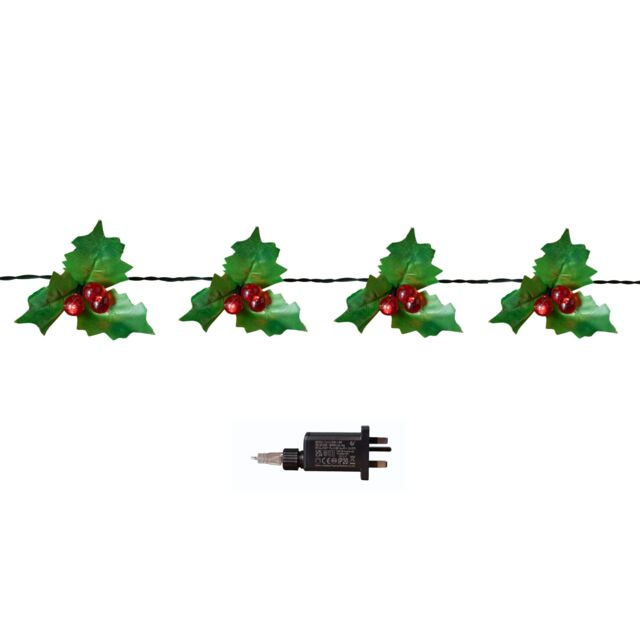 Indoor Outdoor 100 Christmas LED Red Berry And Holly Lights Green Cable