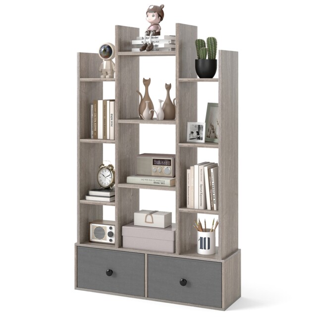 COSTWAY Open-Back Bookshelf Wood Bookcase w/ 12 Compartments-Grey
