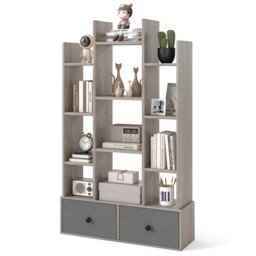 COSTWAY Open-Back Bookshelf Wood Bookcase w/ 12 Compartments-Grey