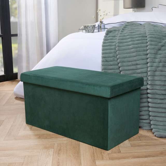 OHS Matte Velvet Soft Long Rectangle Foldable Footstool Seat Storage Organiser Ottoman Green Forest Green