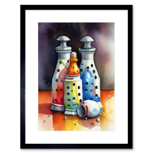 "Salt Pepper Shakers Modern Folk Art Kitchen 9x7"" Black Framed Wall Art Print"