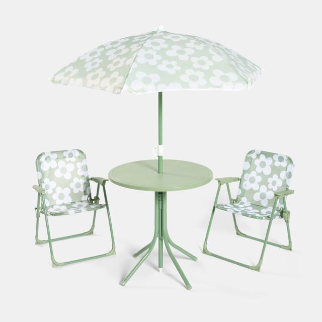 OHS Kids Daisy Folding Bistro Set Table Chair with Parasol Garden Patio Green Sage/White