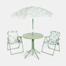 OHS Kids Daisy Folding Bistro Set Table Chair with Parasol Garden Patio Green Sage/White