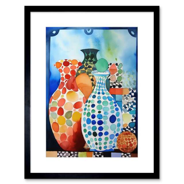 "Polka Dot Glazed Porcelain Ceramic Vases Folk Art 9x7"" Black Framed Wall Art Print"