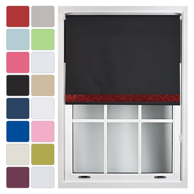 FURNISHED Blackout Roller Blinds with Red Glitter Trim Made to Measure Black Black (W) 120cm x (L) 210cm