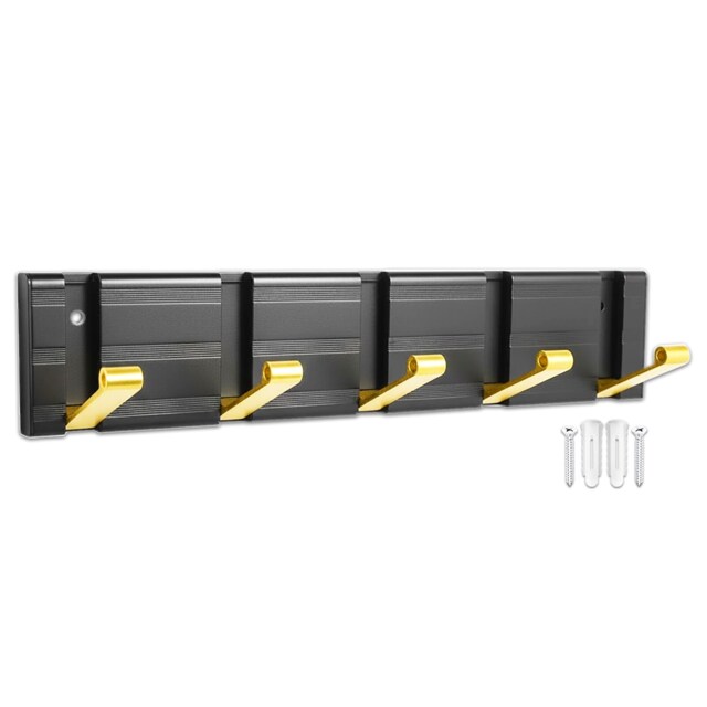 SPARES2GO Luxury Wall Mounted Coat Rack 5 Hooks Aluminium Retractable Hanging Hook Rail (Black + Gold)
