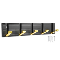 SPARES2GO Luxury Wall Mounted Coat Rack 5 Hooks Aluminium Retractable Hanging Hook Rail (Black + Gold)
