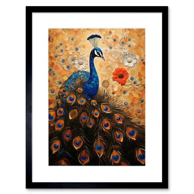 "Peacock Bird Gustav Klimt Style Portrait 9x7"" Black Framed Wall Art Print"