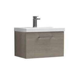 Balterley Wall Hung Bathroom 1 Drawer Vanity Unit and 1 Tap Hole Ceramic Basin, Woodgrain Mid Oak with Handle Brown Solace Oak