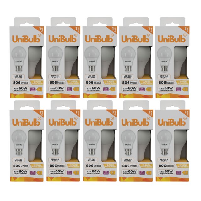 UniBulb LED GLS B22 Bayonet Cap (BC) 806lm 7.3W (Replaces 60W) 2700K (Warm White) Dimmable Light Bulb - Pack of 10
