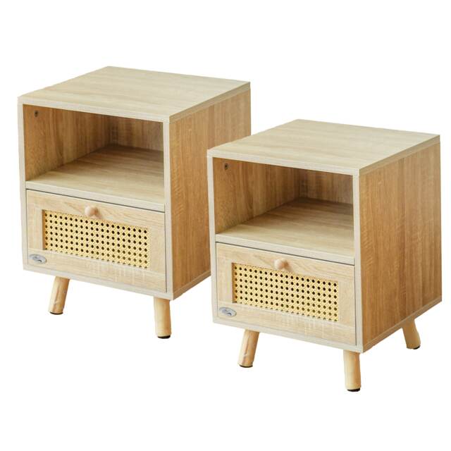 Abrihome Set of 2 Rattan Nightstand Cabinet, with Saving Storage Space and Shelves