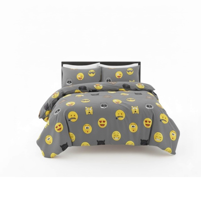 Emoji Print Duvet Cover Set Cool Playful Bedding with Pillowcases Grey Super King